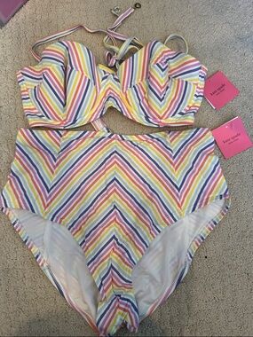 NWT kate spade Multicolor Chevron Stripe High-Waist Bikini -Large
